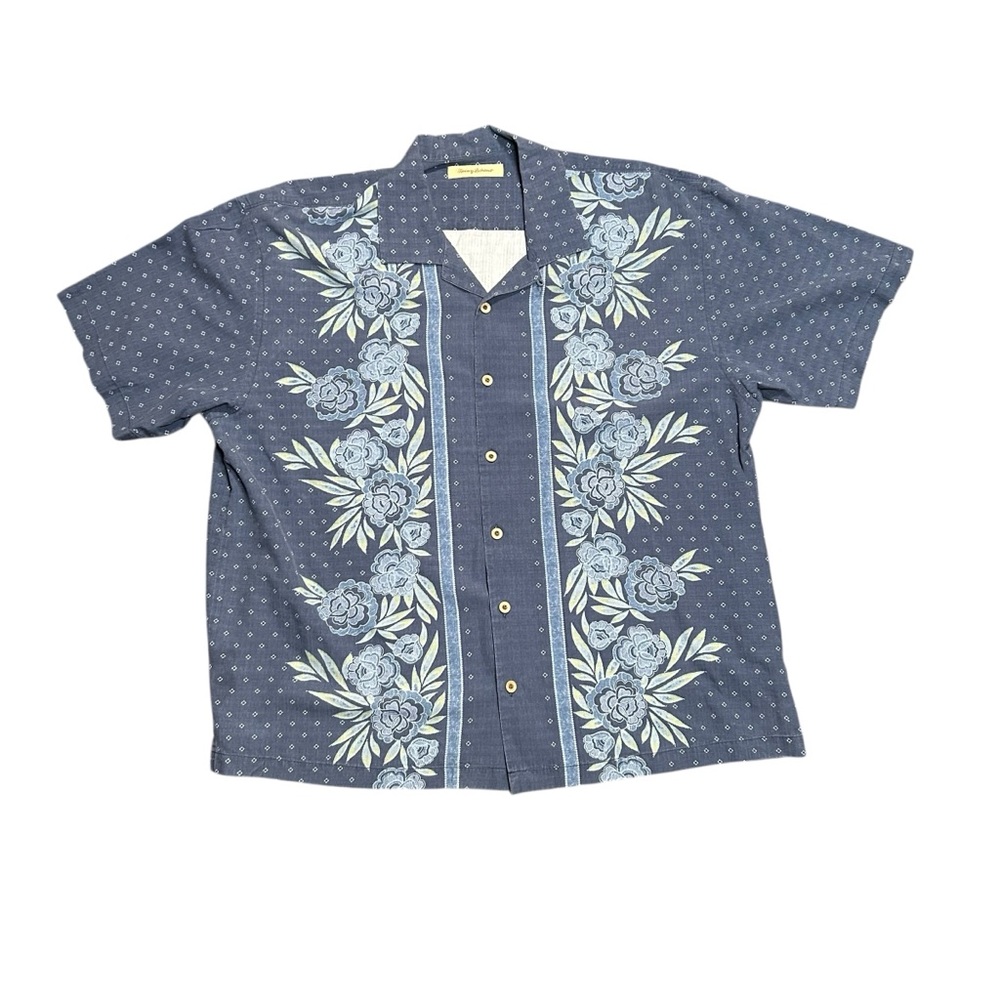 Tommy Bahama Shirt Mens Large Blue Floral 100% Silk Hawaiian Short Sleeve XXL